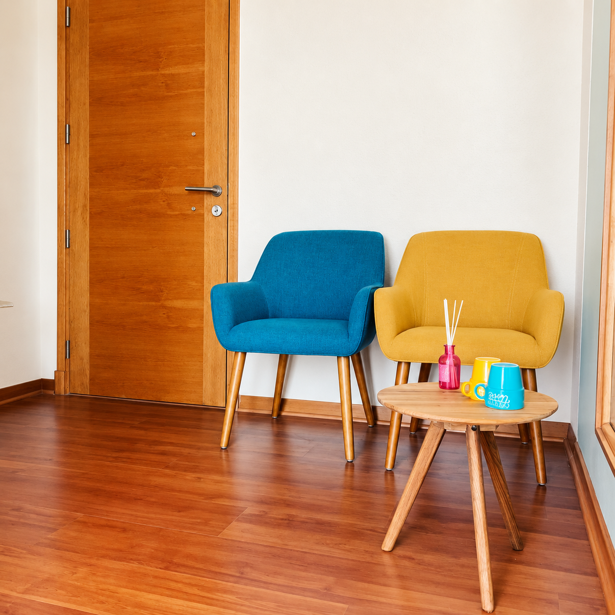 Sala de espera luminosa con sillones y mesa de café